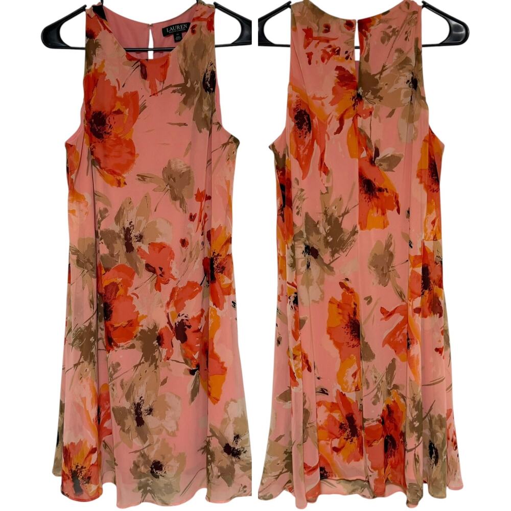 LAUREN RALPH LAUREN Pink Floral Sleeveless Dress Size 14 Knee Length Lined